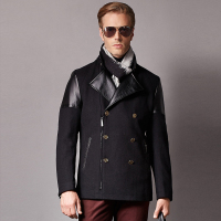 蒙蒂埃莫(monteamor)羊毛混纺精致时尚拼接双排扣短大衣