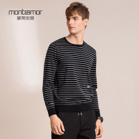 蒙蒂埃莫(monteamor)时尚经典条纹艺术提花全羊毛男士圆领套头衫男士毛衣