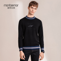 蒙蒂埃莫(monteamor)创新特色珠片绣花撞色羊毛圆领套头长袖男士毛衣