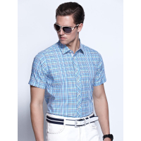 蒙蒂埃莫蓝绿格纹埃及长绒棉短袖衬衫