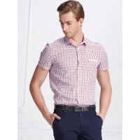 蒙蒂埃莫时尚韵味全棉红黄格男士短袖休闲衬衣