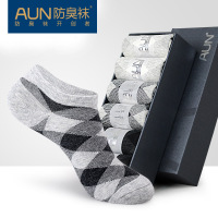 AUN防臭袜子男士防滑吸汗薄款运动短袜浅口棉袜短筒菱形格船袜子