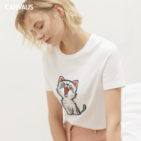 2019夏季新款短袖T恤宽松卡通刺绣图案绣花欧美间约女装