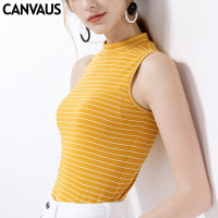 夏季新款条纹显瘦修身休闲无袖圆领女式T恤女装V140A