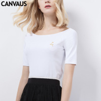夏季新款时尚绣花纯色修身短袖女式T恤棉女装K181B