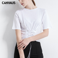 春夏新款时尚纯色收腰系带五分袖圆领棉T恤女装K199A