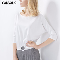 春季新款大码女装宽松纯色圆领百搭七分袖女士T恤