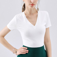 短袖T恤女2019夏季新款纯色大码简约风v领上衣女装