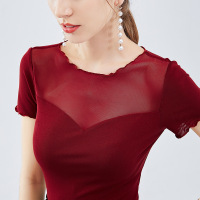 2019夏季新款纱紧身T恤女短袖欧美女装红色半袖性感v领上衣女