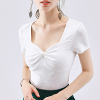 2019女装欧美夏季短袖T恤女性感方领露锁骨深v紧身T恤女