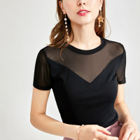 2019夏季新款女装纱T恤女短袖弹力紧身心机上衣半袖v领体恤