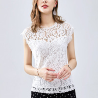 圆领无袖蕾丝衫女装2019款夏镂空白色拼接睫毛雷丝上衣女