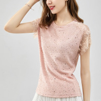 亮片短袖T恤女亮闪闪上衣夏装拼接睫毛蕾丝优雅圆领半袖体恤
