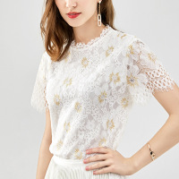 蕾丝短袖上衣女夏装2019新款撞色镂空睫毛花边透视性感洋气小衫