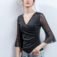 黑色亮丝v领打底衫T恤女喇叭袖闪光丝七分袖纱上衣女夏性感小衫
