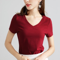 纯棉短袖T恤女装2019夏新款纯色时尚基础款简单v领女式上衣