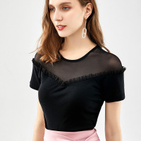 木耳边拼接纱T恤女短袖夏装黑色半袖T恤透视性感上衣