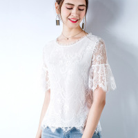 镂空睫毛蕾丝衫女短袖女装2019款夏圆领喇叭袖甜美仙女上衣