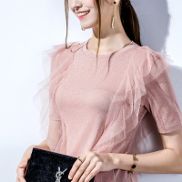 粉色短袖T恤女装2019款夏半袖亮丝纱仙气上衣女