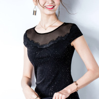 拼接蕾丝纱短袖T恤女装2019款夏弹力紧身圆领tee黑色体恤女