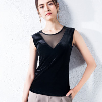 丝绒无袖背心女装2019夏款拼接纱性感外穿复古v领吊带上衣