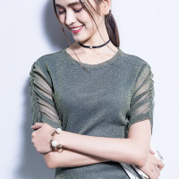 2019夏季新款欧美女装上衣褶皱闪光丝圆领五分袖纱T恤女