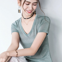 女装v领短袖T恤女2019款夏半袖紧身上衣女