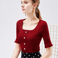 【秋上新7.25】欧美优雅方领T恤女五分袖秋款女装单排扣2019年喇叭袖上衣女