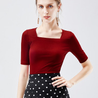 【秋上新7.25】欧美秋季方领T恤女中袖秋款女装打底衫五分袖内搭法式复古上衣