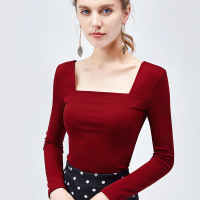 【秋上新7.25】方领T恤女装大码长袖内搭2019年法式复古打底衫露锁骨上衣