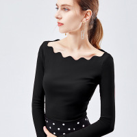 2019法式一字肩上衣女秋款女装波浪内搭长袖性感大领口露锁骨T恤