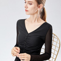 网纱打底衫女薄款2019年秋冬内搭长袖褶皱性感v领紧身上衣