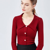 v领打底衫女长袖秋款女装2019年复古大翻领性感露锁骨上衣女