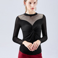网纱透视打底衫女秋冬薄款内搭长袖纯色T恤性感透视黑色紧身上衣