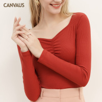 19秋冬新款方领小心机皱褶洋气修身长袖T恤上衣打底衫女FS399