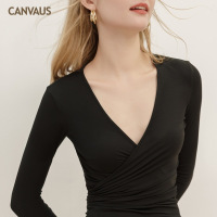 2019新款女装莫代尔深V领长袖修身欧美T恤打底衫女F236