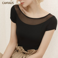 夏季新款莫代尔拼接网纱性感短袖T恤女上衣