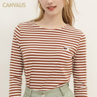 春季新款长袖T恤条纹圆领百搭刺绣棉打底衫上衣