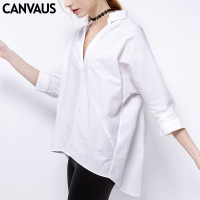 春夏季新款时尚宽松大码棉质白色V领简约衬衫