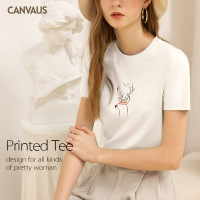 夏季新款全棉印花小鹿图案短袖宽松圆领时尚T恤