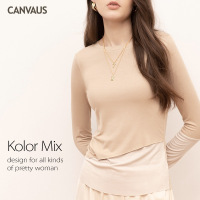 CANVAUS秋冬新款修身拼接欧美撞色黑白色长袖洋气打底衫女T恤