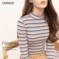 秋冬女装新款木耳边半高领保暖条纹长袖打底衫女T恤上衣女