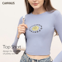 秋冬新款短款时尚紧身圆领印花露脐长袖T恤女上衣