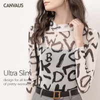 CANVAUS白色半高领打底网纱字母女T恤秋冬紧身内搭印花上衣