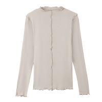 CANVAUS秋冬拼接木耳边半高领纯色长袖小心机显瘦打底衫T恤上衣