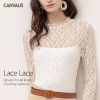 CANVAUS白色蕾丝网纱长袖T恤性感透视秋冬内搭气质打底衫上衣女潮