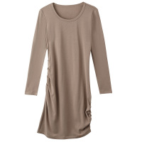 CANVAUS秋冬女装新款中长款螺纹修身内搭圆领洋气抽褶打底连衣裙