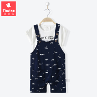 纤丝鸟儿童短袖套装夏季新款男童印花短袖T恤休闲背带裤二件套