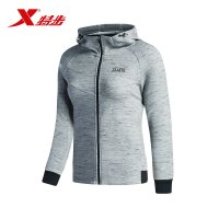 特步女子针织上衣秋冬新款舒适连帽综合训练外衣健身运动外套