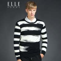 ELLEHOMME男装针织衫新款个性圆领黑白电波线条纹长袖针织衫黑白条